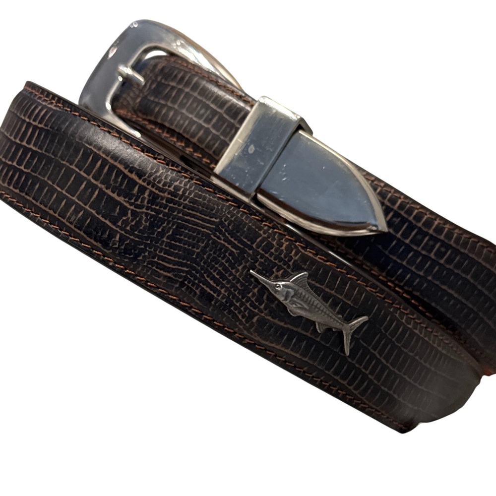 Men's Zep-Pro brown leather belt textured textured marlin fish emblem strap 38